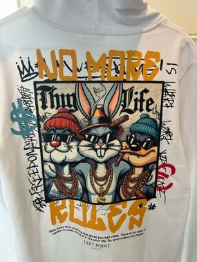 Left Point Italy Looney Tunes Thug Life Graphic Hoodie White With Flaws